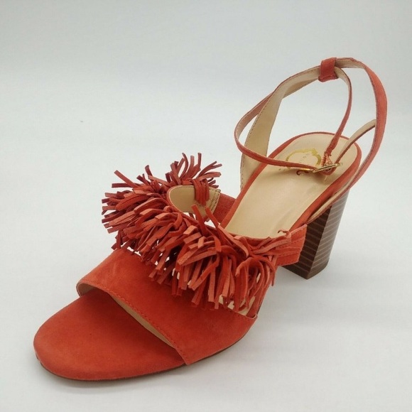 NIB C Wonder Slingback Tomato Red Wood Block Heels Leather Suede Fringe Sandal 8 - Picture 9 of 15